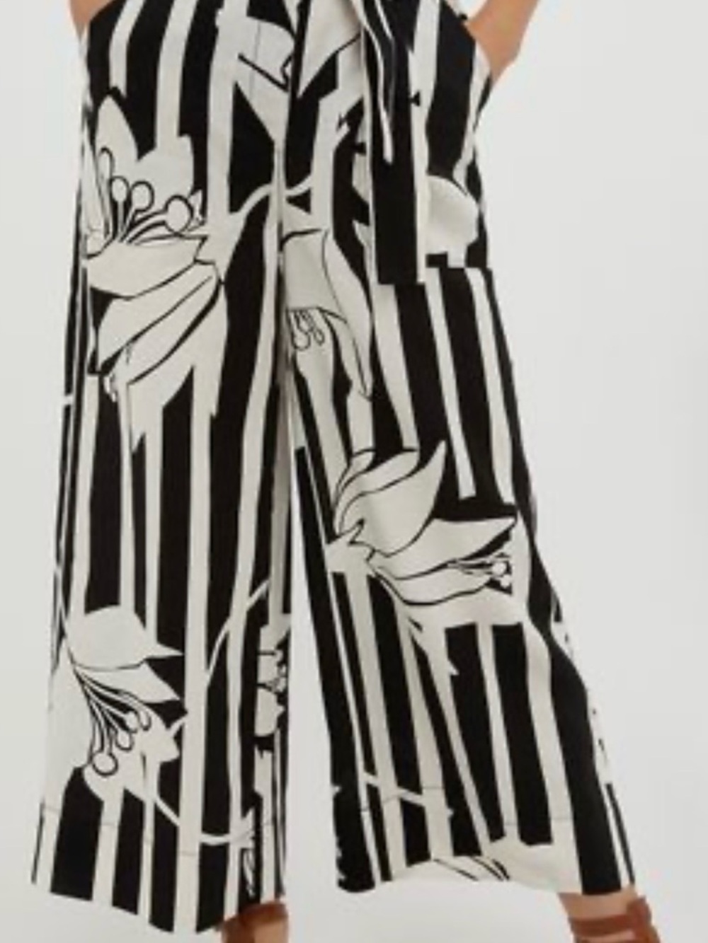 MaxMara Black & White Wide-Leg Floral Stripe Pants